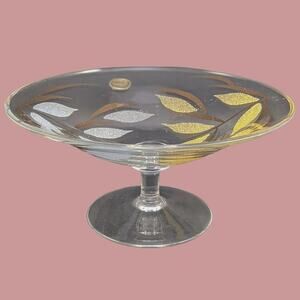 Mid Century Modern Bohemia Crystal Pedestal Dish with Gold and Silver Leaves